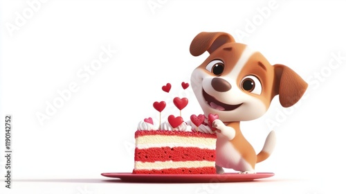 A playful cartoon puppy holding a Valentine cake slice with heart decorations, looking excited, on white photo