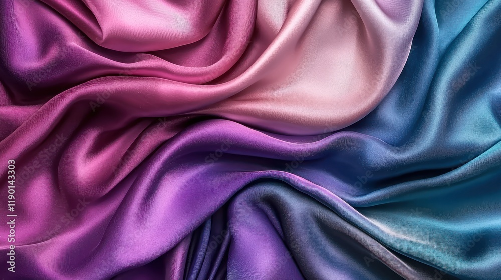 Obraz premium A stunning gradient of dark blue, purple, and pink silk satin fabric, flowing in silky smooth folds, perfect for an abstract and elegant background with room for design elements.