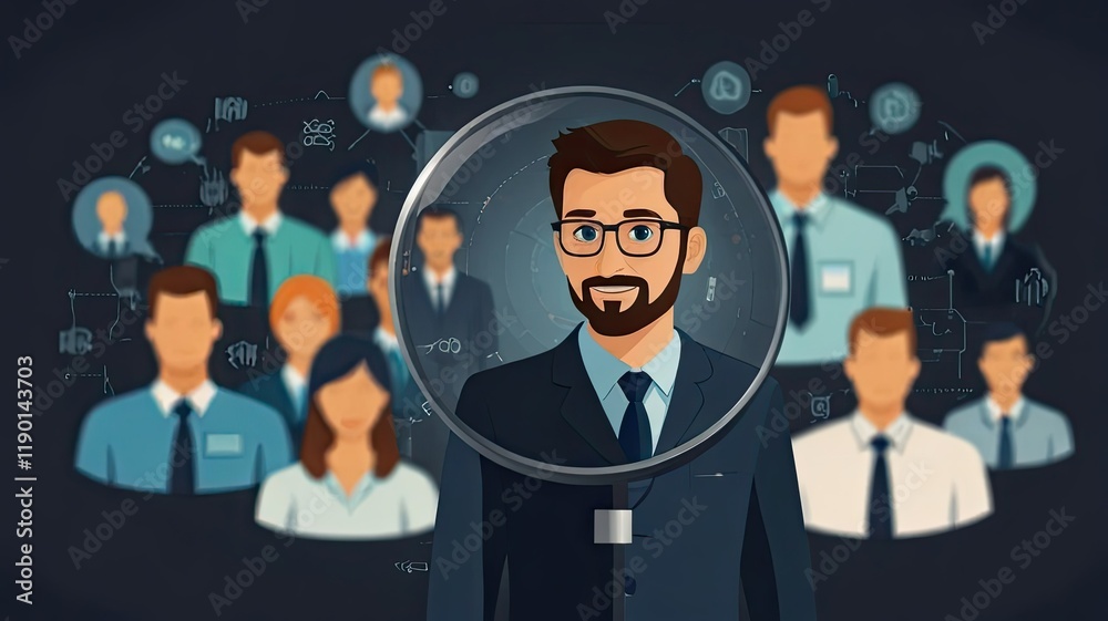A professional man is highlighted in a digital networking environment surrounded by his diverse colleagues engaged in collaboration and connection A professional man is highlighted in a digital networking environment surrounded by his diverse colleagues engaged in collaboration and connection
