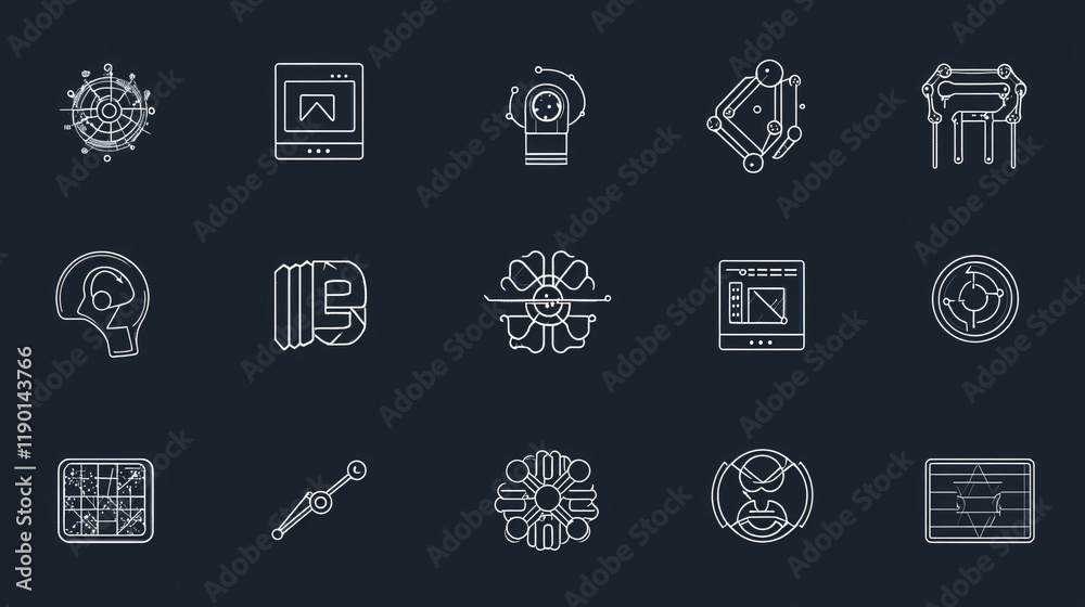 AI-generated icon set with minimalistic designs for AI applications, including symbols for neural networks, machine learning, and algorithms. AI-generated icon set with minimalistic designs for AI applications, including symbols for neural networks, machine learning, and algorithms.
