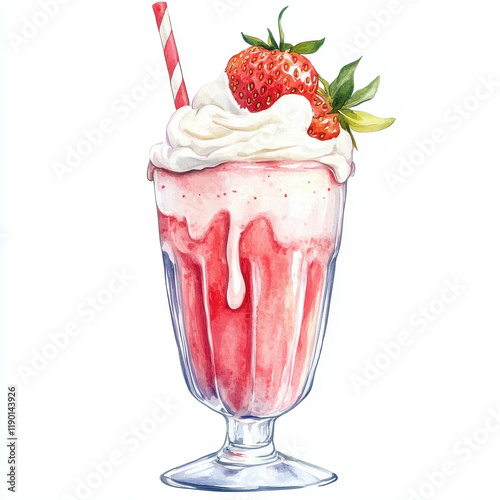 Delightful strawberry milkshake topped with whipped cream and straw
