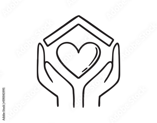 Cute home hands holding heart under the house roof doodle hand drawn icon. Outline drawing Cute home hands holding heart line clipart symbol