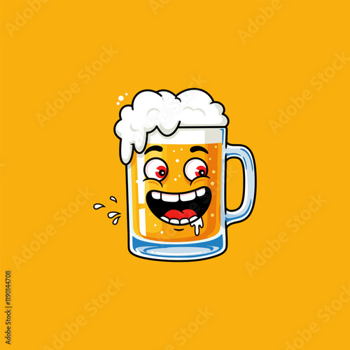 A cartoon illustration of a beer mug with a happy face and foaming beer.