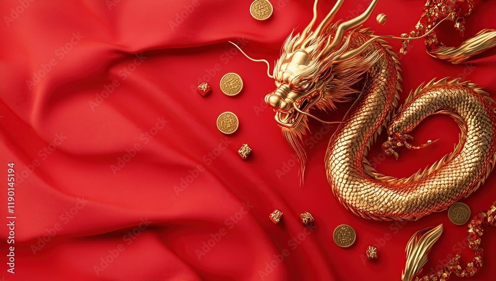 Obraz premium Golden Dragon Symbolism: Wealth, Prosperity, and Luck on Red Fabric