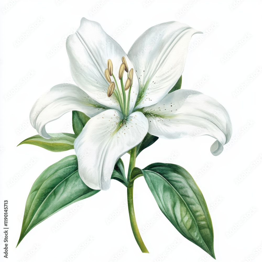 Obraz premium beautiful white lily flower with green leaves, symbolizing purity and elegance