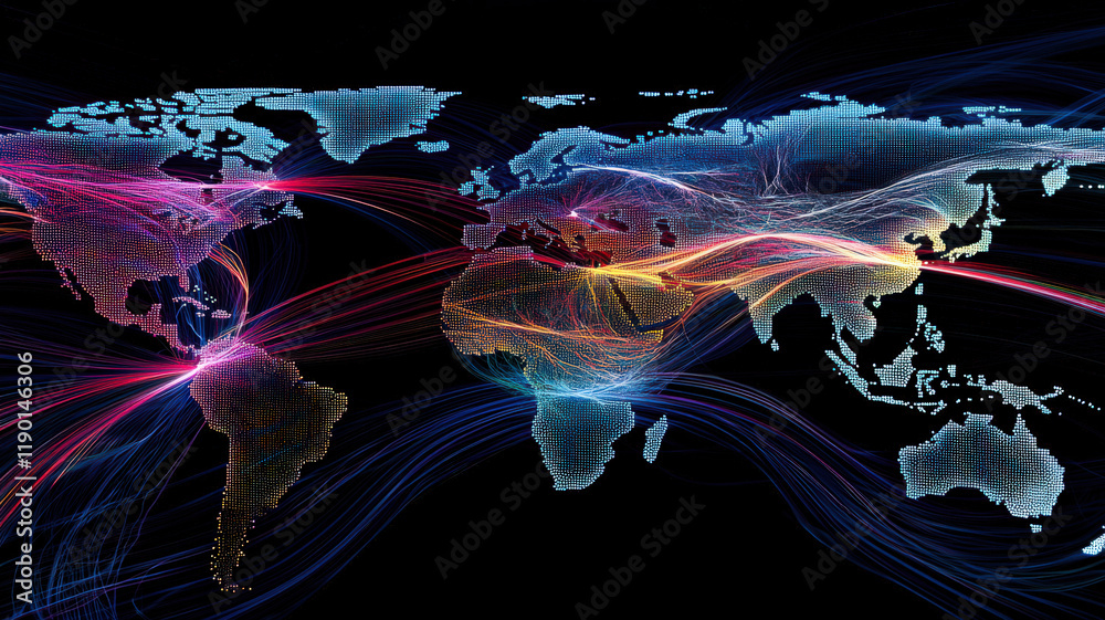 Eerie visualization of a deep web network with obscured IP addresses and encrypted data streams flowing across a digital world map, symbolizing a global cyberattack