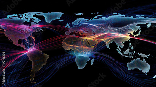 Obraz na płótnie Eerie visualization of a deep web network with obscured IP addresses and encrypted data streams flowing across a digital world map, symbolizing a global cyberattack w salonie