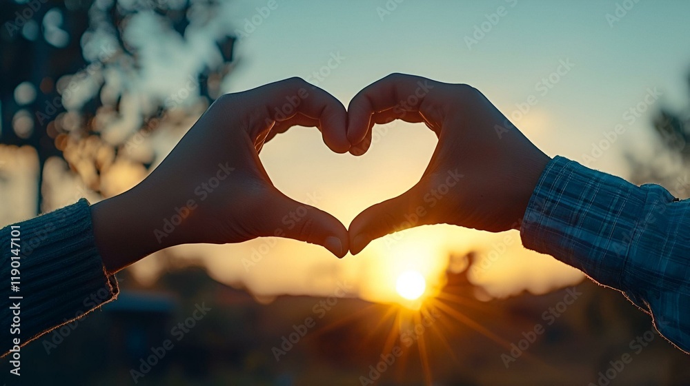 Heartfelt Gesture, Two hands creating a heart silhouette against a radiant sunset, symbolizing love and connection in a serene setting. Heartfelt Gesture, Two hands creating a heart silhouette against a radiant sunset, symbolizing love and connection in a serene setting.