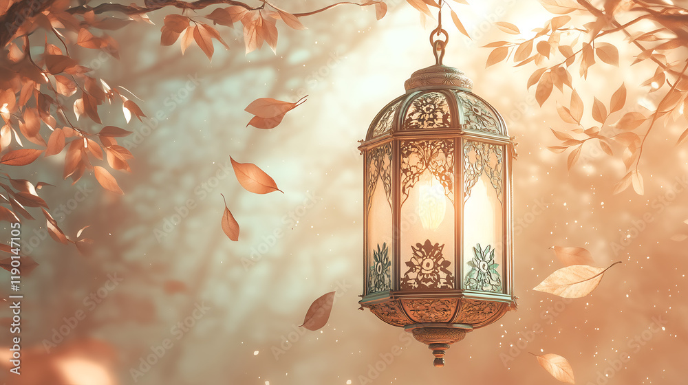 Ramadan lantern hanging amidst falling leaves, heavenly glow in a peaceful scene Ramadan lantern hanging amidst falling leaves, heavenly glow in a peaceful scene