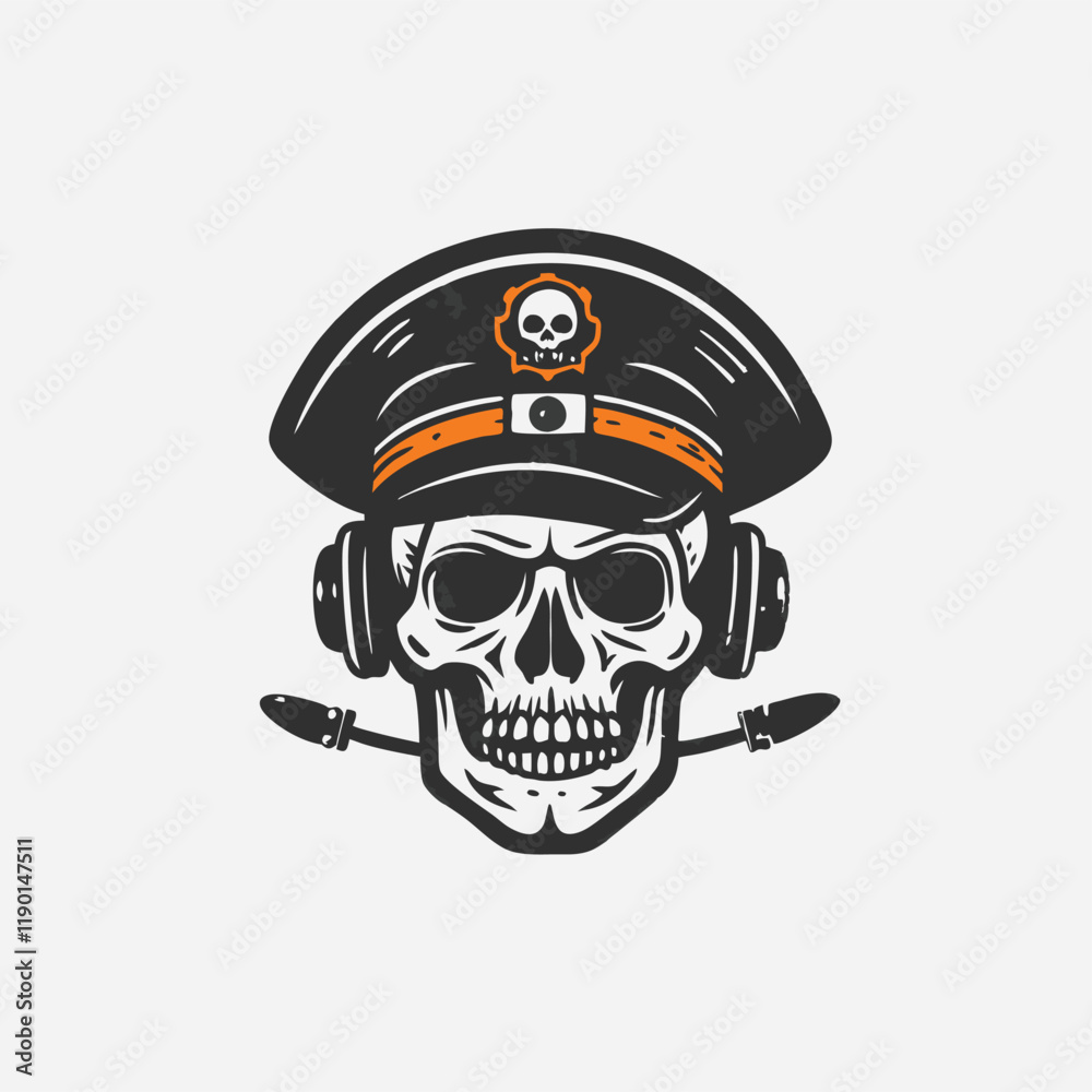 Skull with headphones. Black silhouette scull, abstraction for tattoo, evil logo vector icon illustration, skull music logo template Skull with headphones. Black silhouette scull, abstraction for tattoo, evil logo vector icon illustration, skull music logo template