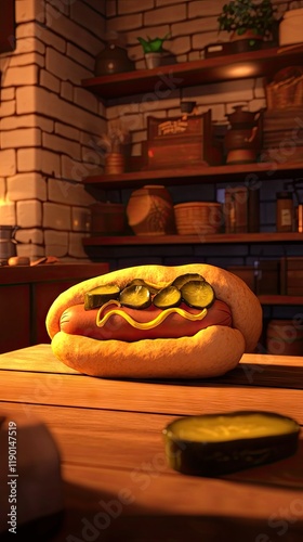 Rustic kitchen, hot dog, pickles, warm light, food blog