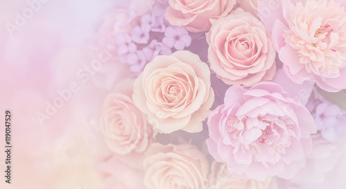 Fototapeta Naklejka Na Ścianę i Meble -  A delicate blend of pastel roses and peonies fading softly into a watercolor wash of pink, peach, and lavender.