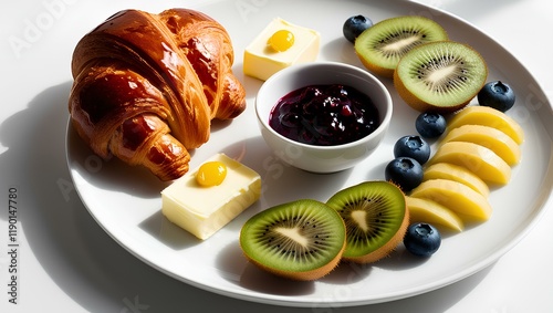 A beautifully arranged breakfast plate featuring a golden croissant, fresh kiwis, blueberries, sliced apples, and a bowl of berry jam, perfect for a morning treat.