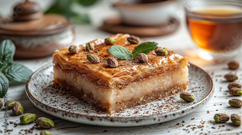 Wallpaper Mural Delicious baklava pastry on plate with pistachios and mint garnish. Torontodigital.ca