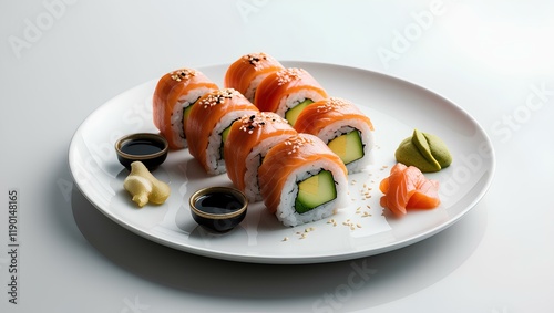 A minimalist sushi presentation featuring fresh salmon, avocado, and cucumber rolls, served with soy sauce, wasabi, and pickled ginger on a white plate.