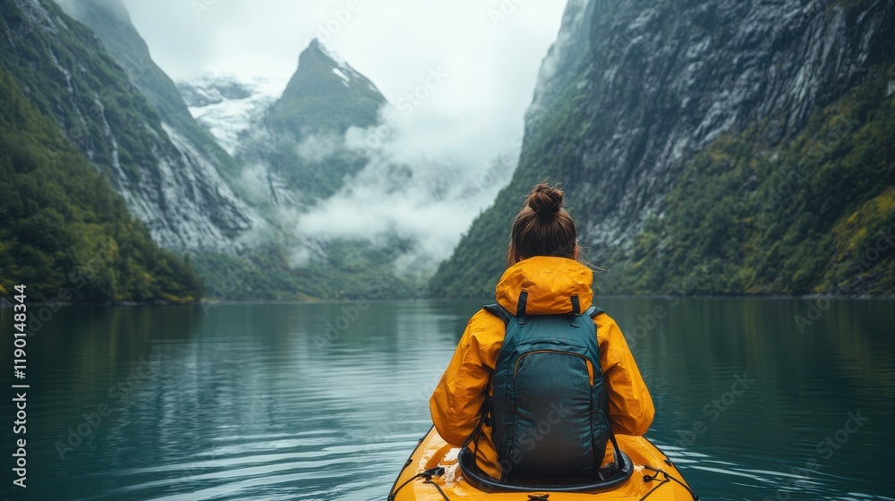 view from the back of a girl in a canoe floating on the water among the fjord view from the back of a girl in a canoe floating on the water among the fjord