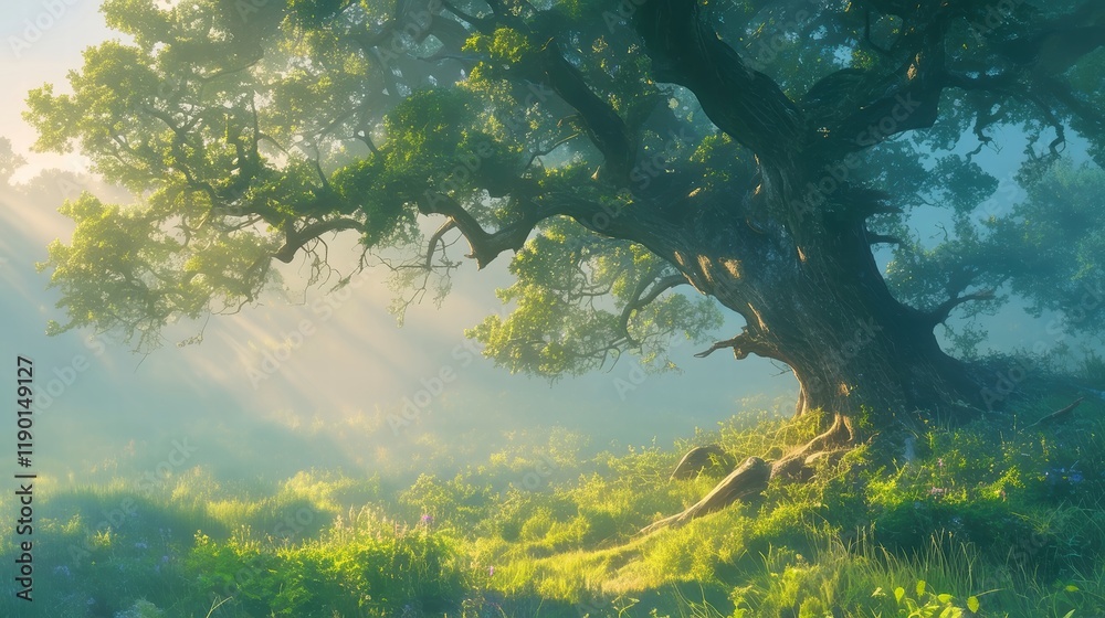 Fototapeta premium Ancient Oak Canopy, lush green leaves shimmering in soft morning light, sunlight filtering through branches, creating a serene atmosphere in a tranquil natural setting.