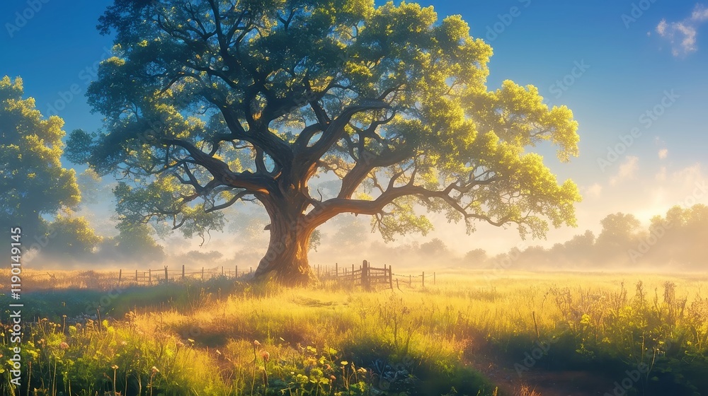 Majestic oak tree bathed in gentle morning light, vibrant green foliage shimmering as sunlight filters through, creating a serene and tranquil atmosphere. Majestic oak tree bathed in gentle morning light, vibrant green foliage shimmering as sunlight filters through, creating a serene and tranquil atmosphere.