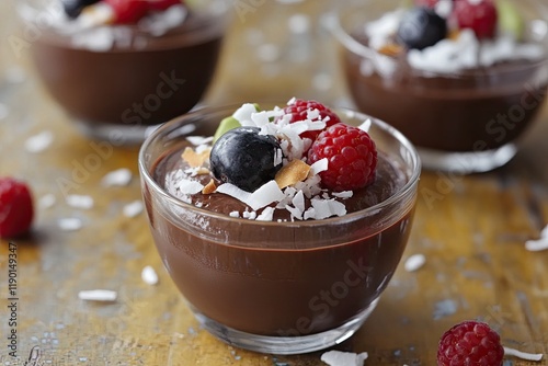 Chocolate Dessert Cups with Fresh Berries on a Rustic Table for Culinary Inspiration