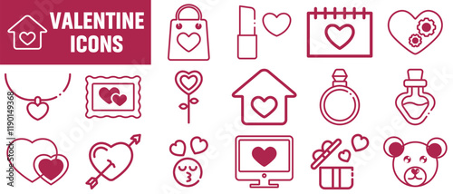 Valentine icon set. Happy valentine day related icon in white background. Valentine's Day Outline Illustration.