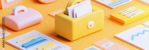 Office supplies on desk, documents, graphs, and briefcase.  Business concept