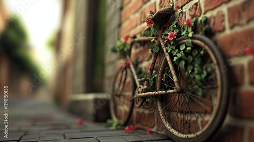 Vintage Bicycle with Colorful Flowers Leaning Against a Rustic Brick Wall in Quaint Alleyway
