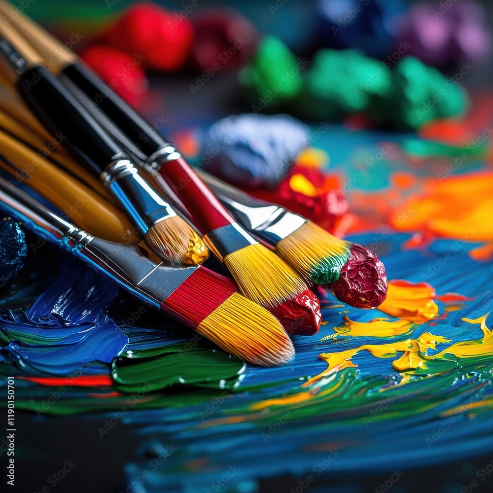 Obraz premium [artistic studio setup] Vibrant Art Palette & Brushes Creative Chaos Unleashed