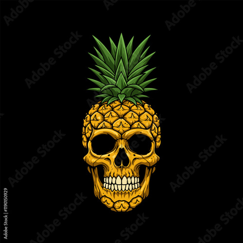 A stylized illustration depicts a human skull creatively formed from a pineapple with its crown of leaves intact.