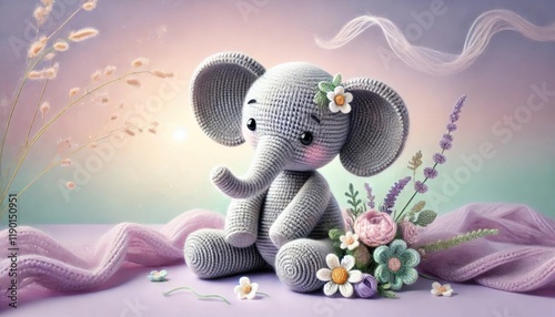 Adorable cute crochet Elephant in Pastel Meadow with Floppy Ears and Delicate Flowers