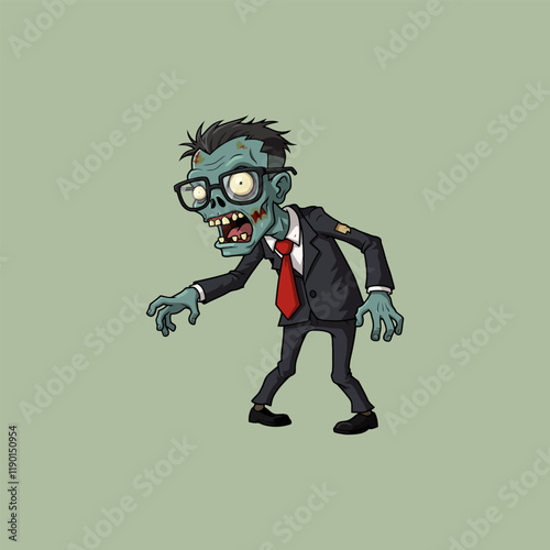 This is a cartoon illustration of a zombie businessman in a suit and glasses. He is walking forward with a menacing expression.