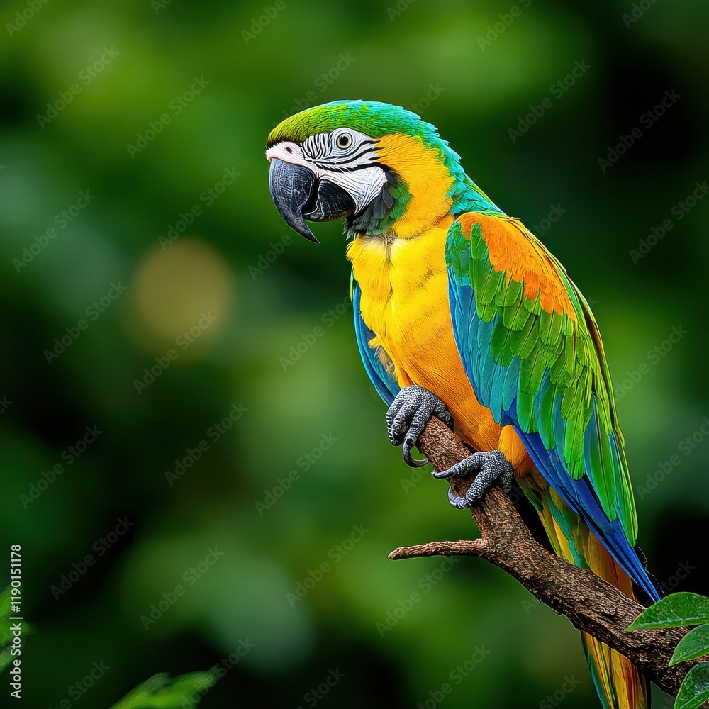 Obraz premium [Blue and yellow parrot perched on a branch outdoors] Vibrant Blue Yellow Parrot Perched Branch Tropical Bird Wildlife Outdoor