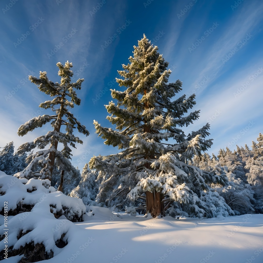 Obraz premium Snowy Tranquility: Pacific Yew Tree in a Peaceful Winter Landscape