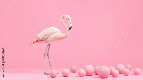 Pink flamingo standing in water with beautiful feathers