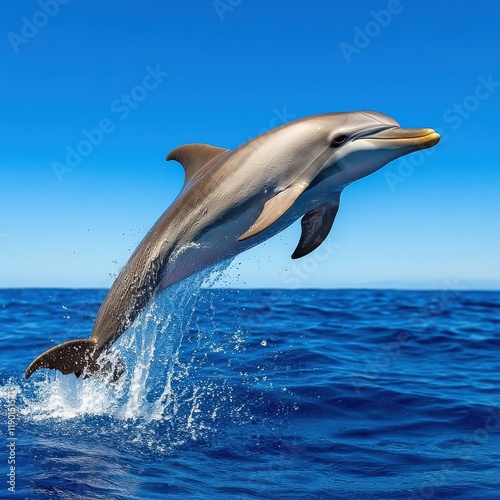 [Dolphin leaping over the ocean surface] Freedom of the Ocean Dolphin Mid-Leap Over Waves photo