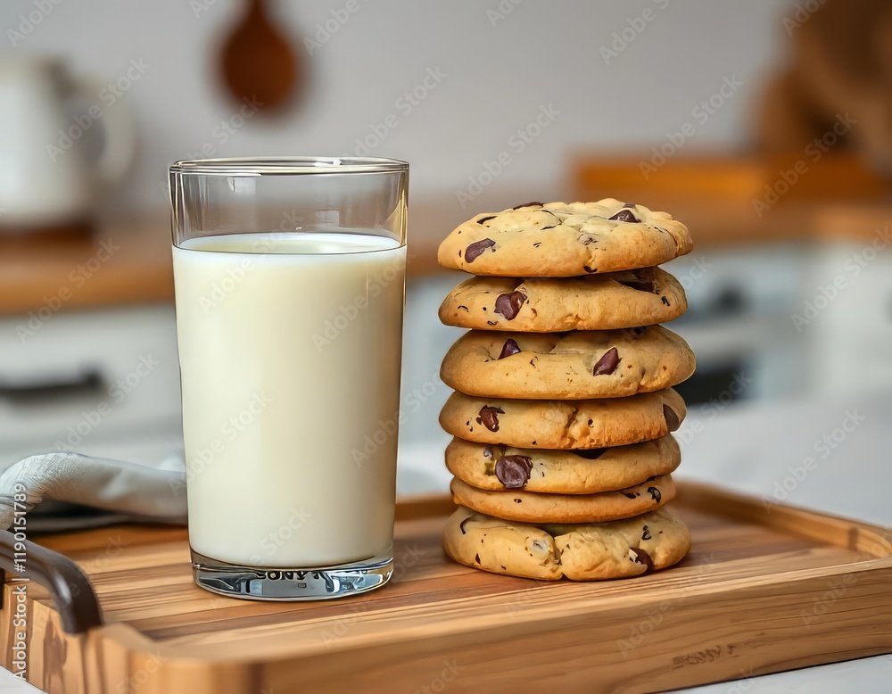 Delicious Stack of Chocolate Chip Cookies with a Glass of Milk in a Cozy Kitchen Delicious Stack of Chocolate Chip Cookies with a Glass of Milk in a Cozy Kitchen