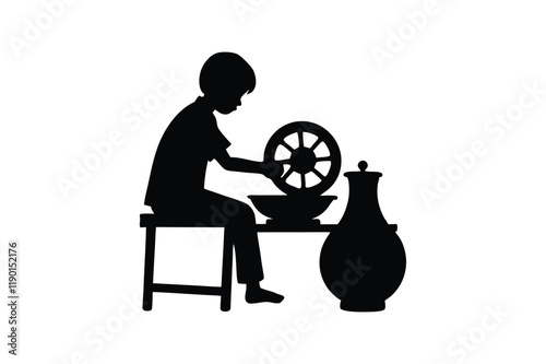 Silhouette Boy Working on Pottery Wheel Vector Illustration

