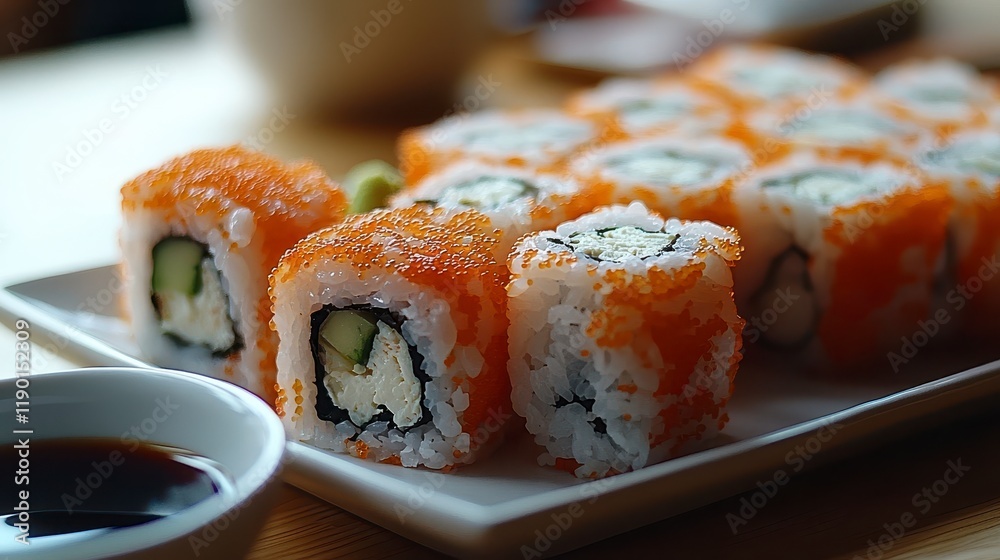 Delicious California rolls with soy sauce on a plate. Delicious California rolls with soy sauce on a plate.