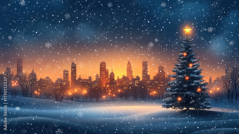 winter cityscape with trees and christmas tree vector illustration winter cityscape with trees and christmas tree vector illustration