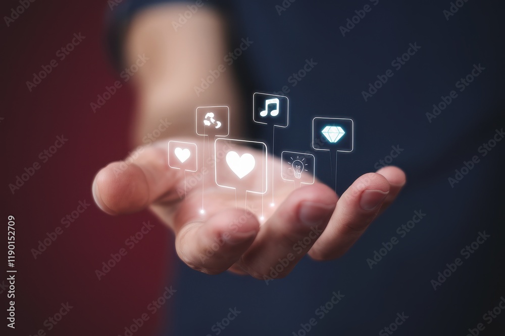 A hand holds digital icons representing love music ideas and value A hand holds digital icons representing love music ideas and value