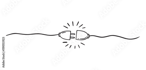 Plug inserting into electric outlet. Power socket disconnect doodle hand drawn icon. Outline drawing 404 error connection concept line clipart symbol