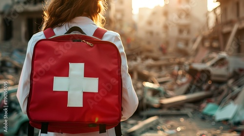 A young Caucasian female medical worker in a white coat stands amid a disaster scene, carrying a red medical backpack as the sun sets behind her.