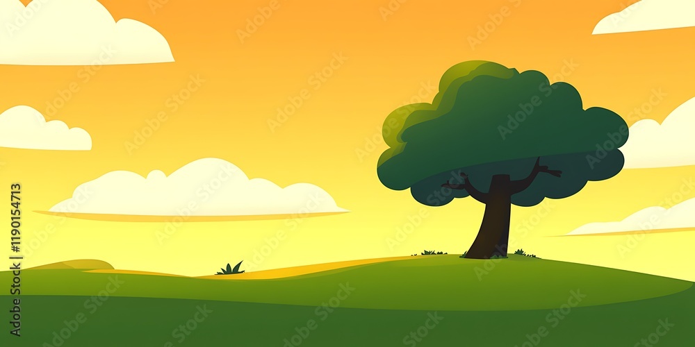 Obraz premium Sunset landscape, single tree, green hill, peaceful evening, nature illustration