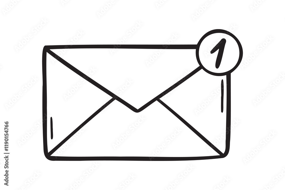 mail and 1 new message sign doodle hand drawn icon. Outline drawing mail and 1 new message sign line clipart symbol mail and 1 new message sign doodle hand drawn icon. Outline drawing mail and 1 new message sign line clipart symbol