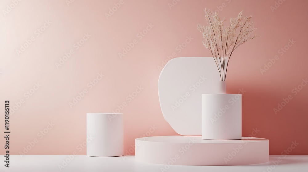 Minimalist Pink Studio Scene with White Cylinders and Dried Flowers Minimalist Pink Studio Scene with White Cylinders and Dried Flowers
