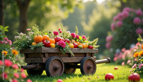 Wooden cart filled with colorful fruits and flowers in a vibrant garden setting
