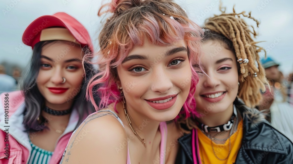 Fototapeta premium Three young women with diverse hairstyles, colorful outfits, and vibrant expressions enjoying a lively outdoor event together.