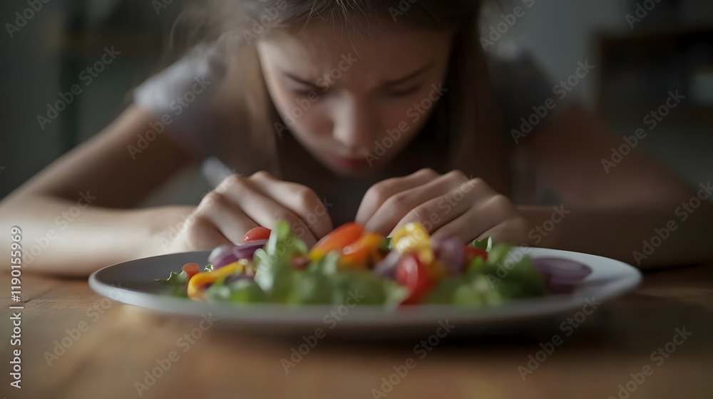 Close-Up View of a Colorful Salad on a Plate with a Focused Young Girl Preparing Fresh Ingredients for a Healthy Meal in a Natural Setting Close-Up View of a Colorful Salad on a Plate with a Focused Young Girl Preparing Fresh Ingredients for a Healthy Meal in a Natural Setting