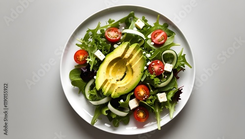 A vibrant and healthy salad featuring sliced avocado, cherry tomatoes, cucumber, and mixed greens, served with feta cheese on a white plate.