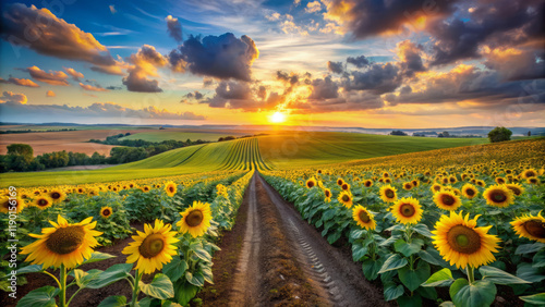 vibrant sunflower field stretches beneath stunning sunset, with golden blooms lining dirt path. sky is filled with colorful clouds, creating picturesque landscape photo