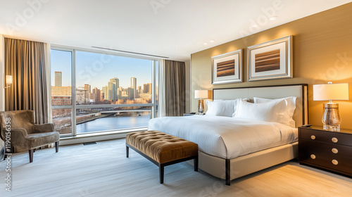 Modern, luxurious master bedroom with views of a river in the city condo or hotel accommodations photo
